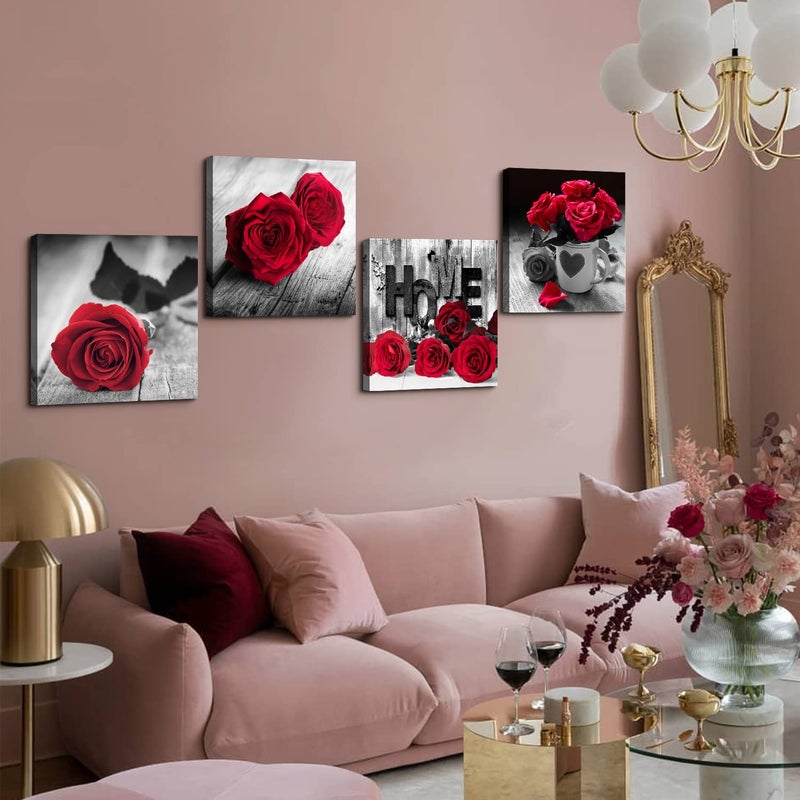 YOOOAHU Rustic Rose Floral Canvas Wall Art Red Flower Pictures for Living Room Home Decorations Girls Bedroom Over Bed Wall Decor Retro Bouquet Paintings Posters Romantic Artwork 16x16â€ 4P Valentines Gifts - Image 3